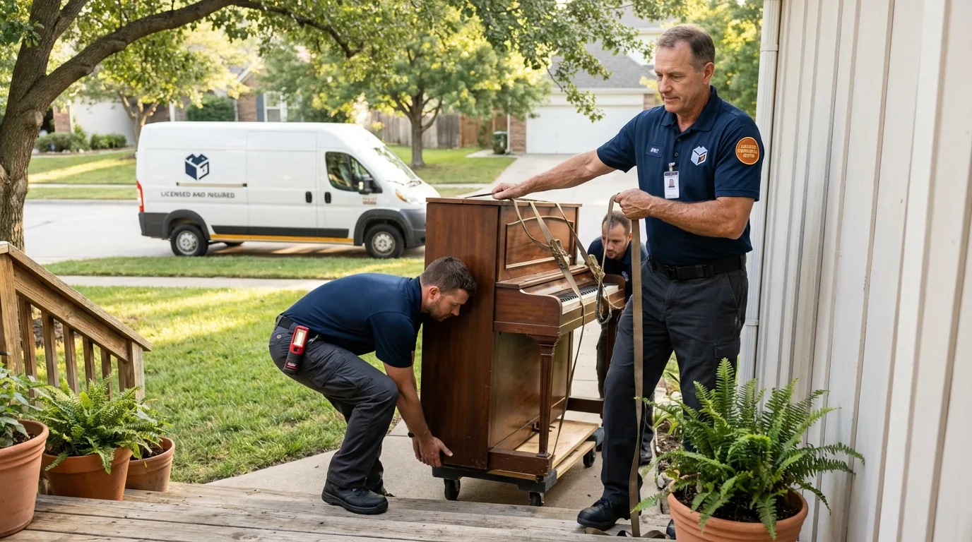 Licensed piano movers securing grand piano in Guttenberg, IA