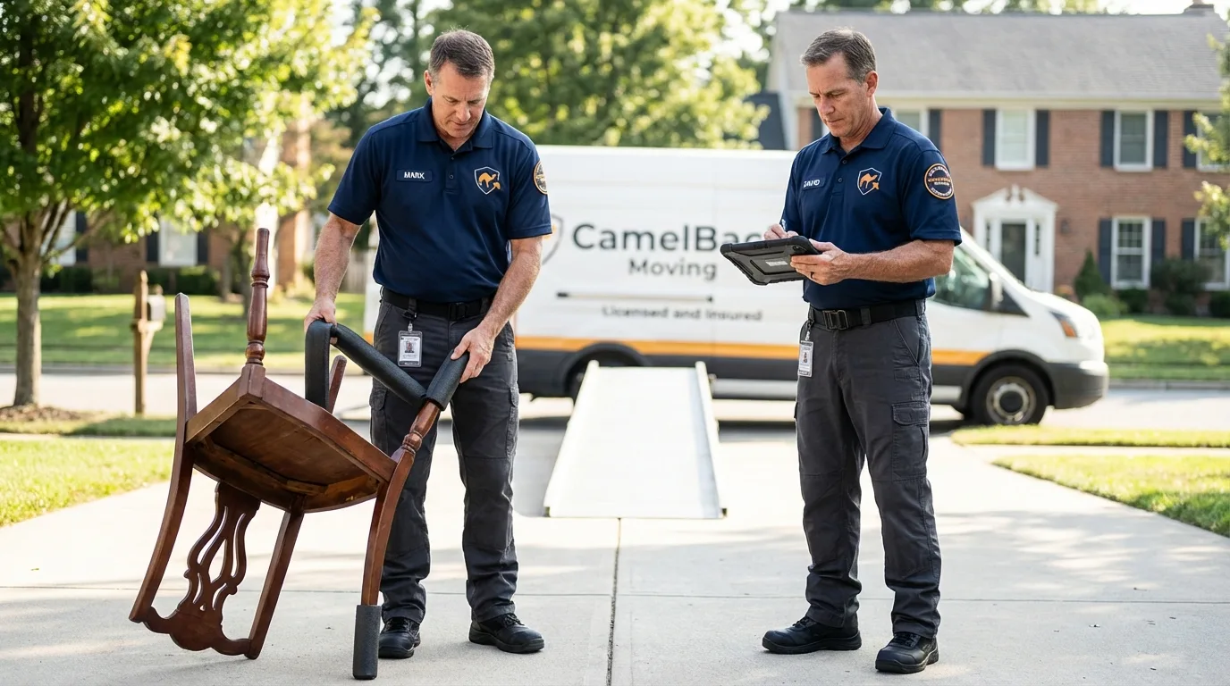 Movers inspecting furniture for damage prevention before loading in Guttenberg, IA