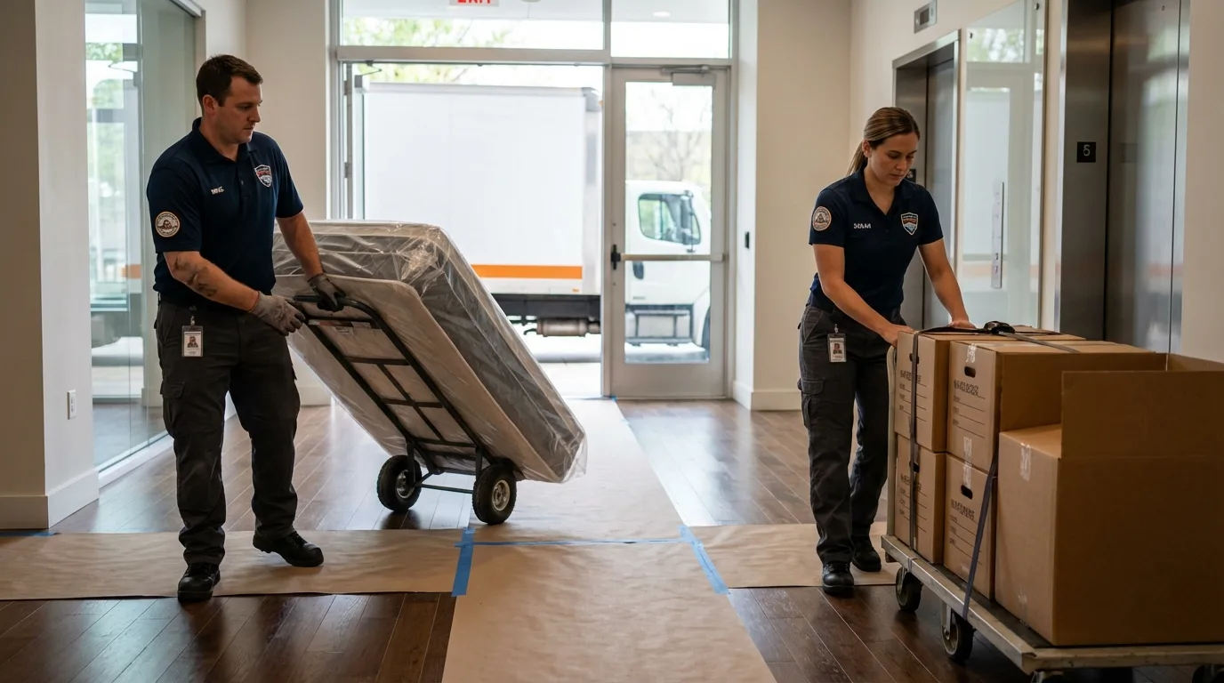 Professional apartment movers loading elevator in Guttenberg, IA
