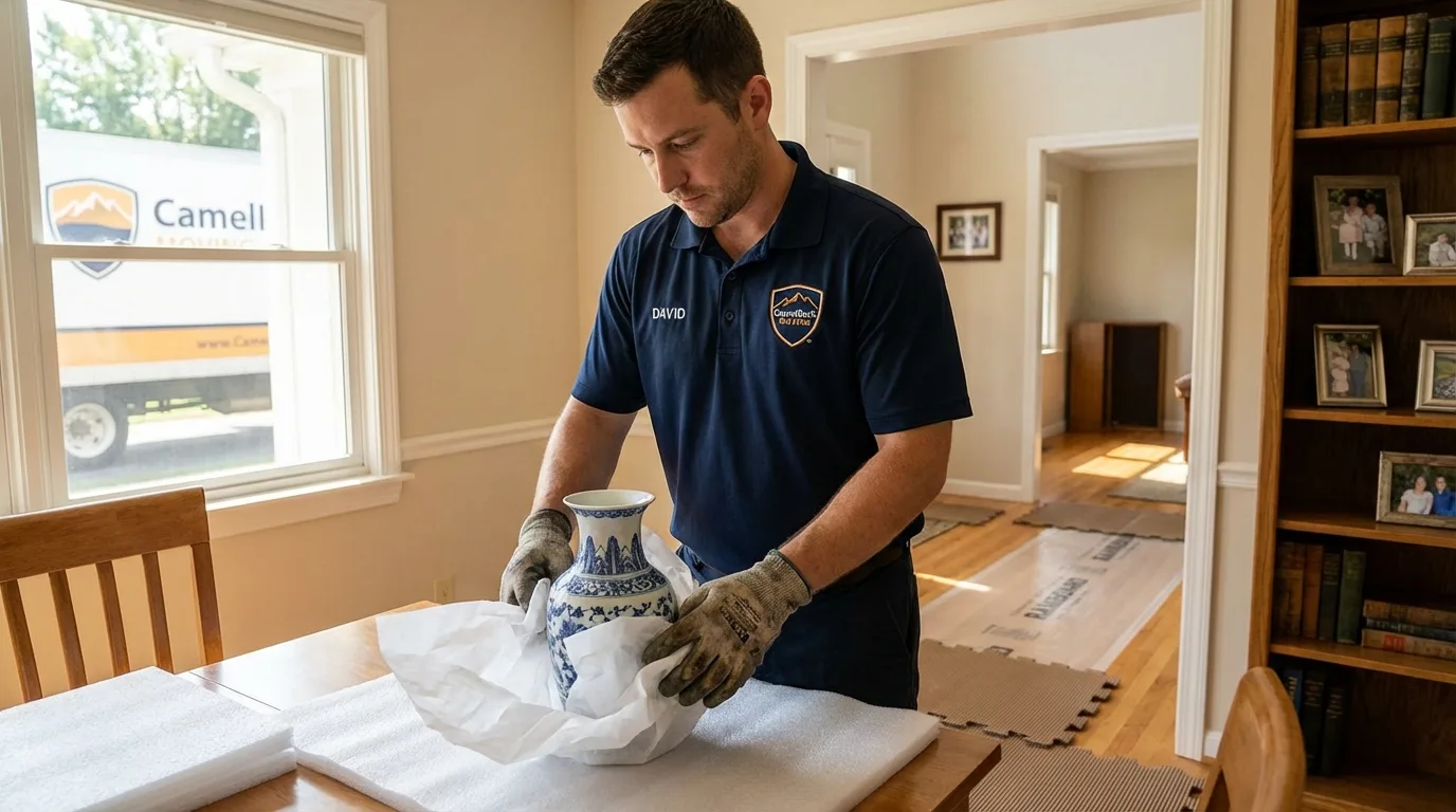 Professional crew carefully wrapping antique vase for senior downsizing move in Guttenberg, IA