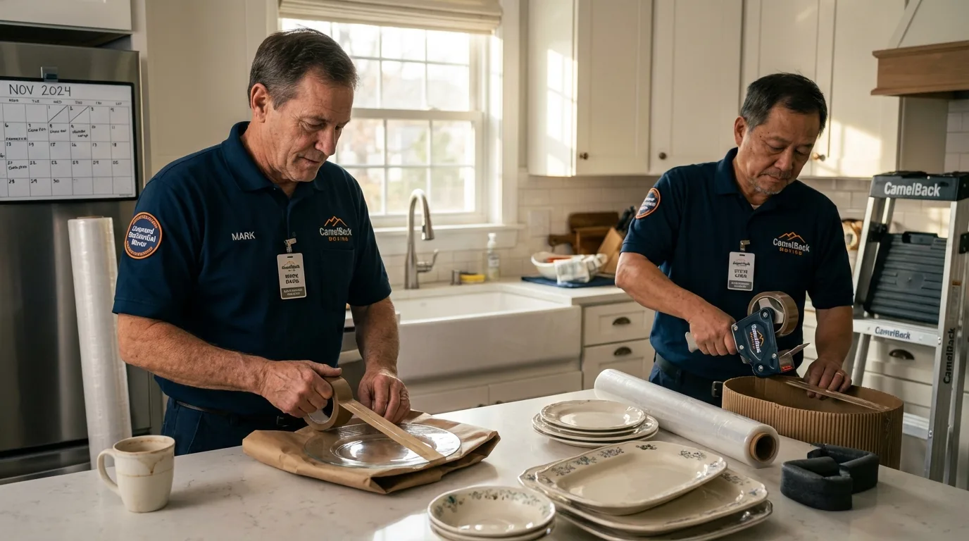 Professional crew packing kitchen dishware in Guttenberg, IA
